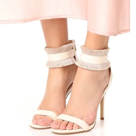 Sam Edelman Anabeth High Heels Sandals 8 Beige Leather Open Toe Zip Fringe - Picture 1 of 10